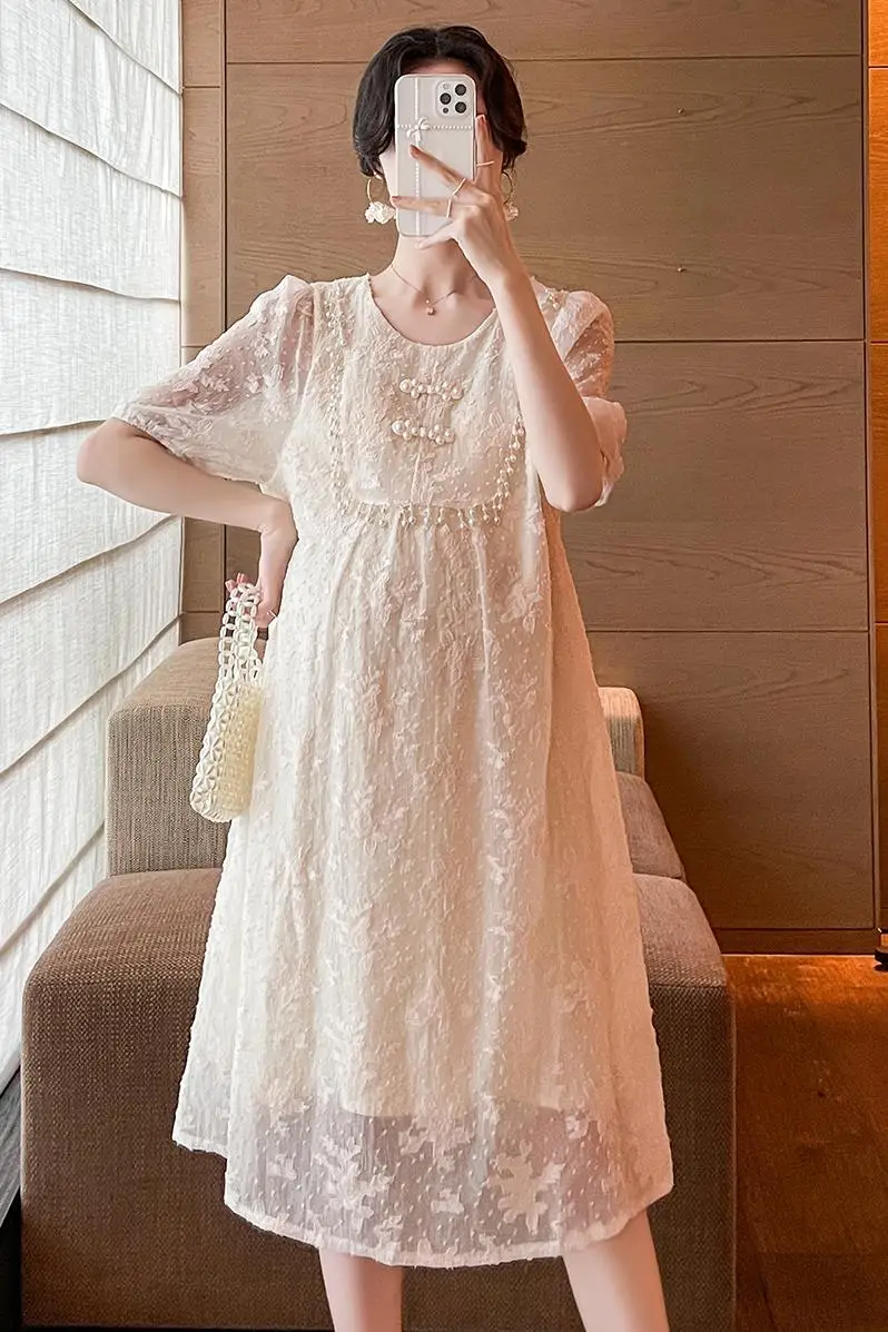 

Japanese Style Maternity Lace Dress Short Sleeve Beading Collar Sweet Pregnant Woman A-line Dress Loose Fashion Pregnancy Dress