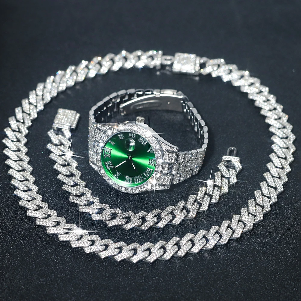 3pcs Men's Silver Watch Set Hip-hop Punk Inlay Diamond Watch+Cuban Chain+Bracelet Comes With Strap Adjuster Stylish Jewelry Gift 3