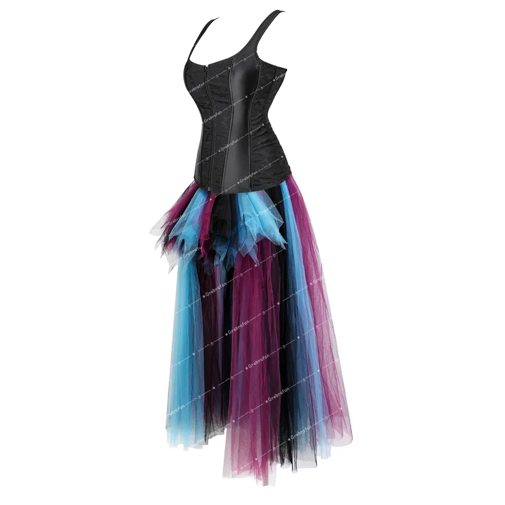Women's Corset Steampunk Bustier Satin Floral Lace Up Corsets with Long Tulle Skirt Sexy Bachelorette Party Costume Plus Size