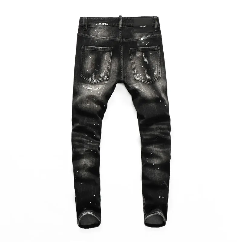 High Street Fashion Men Jeans Retro Black Gray Stretch Slim Fit Ripped Jeans Men Painted Designer Hip Hop Brand Pants Hombre
