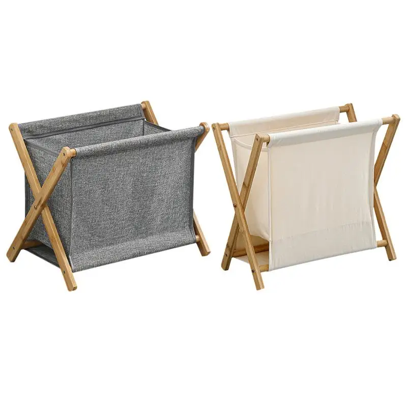Wooden Laundry Basket X Frame Foldable Laundry Basket Home Clothes Sorter Organizer Cotton Linen Laundry Bag For Bedroom