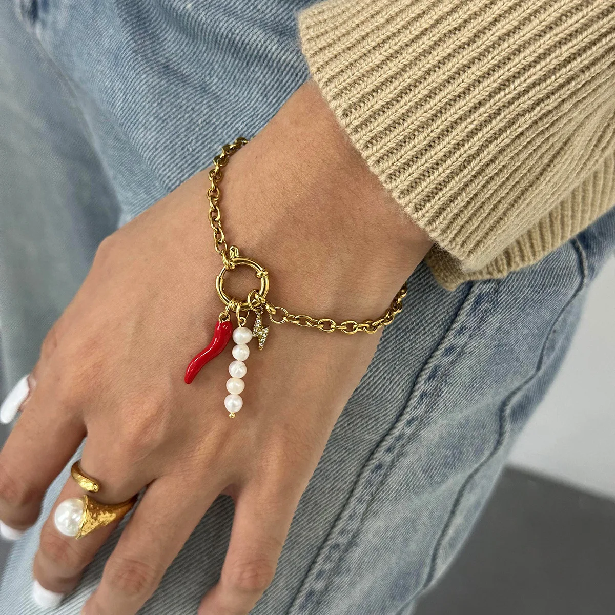Charm Red Chili Peppe Pendant Chain Bracelet for Women Non Tarnish Stainless Steel Pearl Lightning Charms Bracelets Hand Jewelry