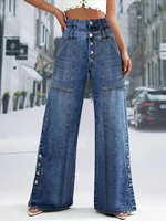 Women's Plus Size Jeans Pockets Denim Wide Leg Pants Button Vintage Streetwear Solid Casual Minimalist Jeans Trousers 2024 - Image 2
