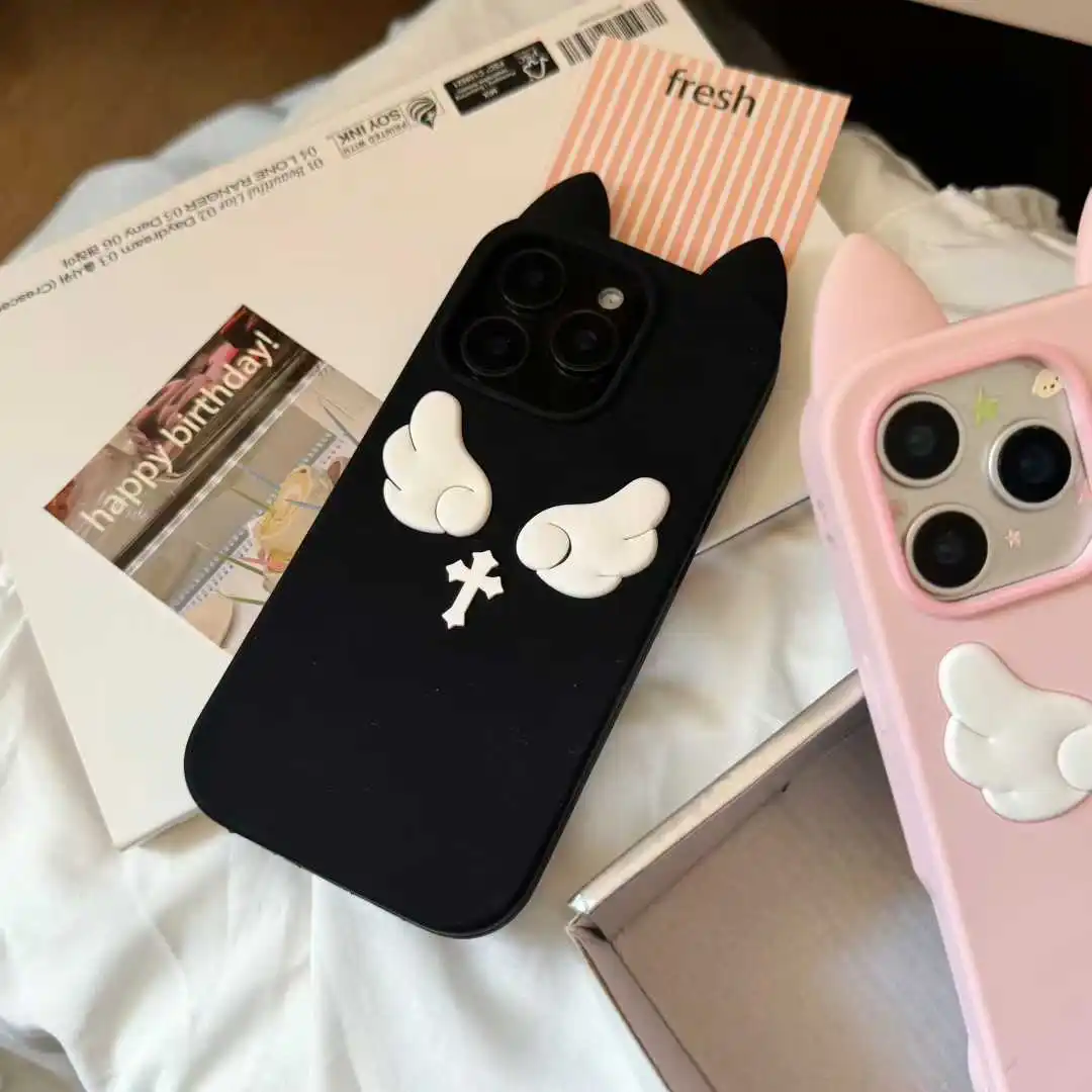 Cartoon Cute Cat Ears Angel Silicone Soft Case for IPhone 17 16 15 14 13 Pro Max 17Pro 16Pro IPhone17 IPones Women Back Cover 2