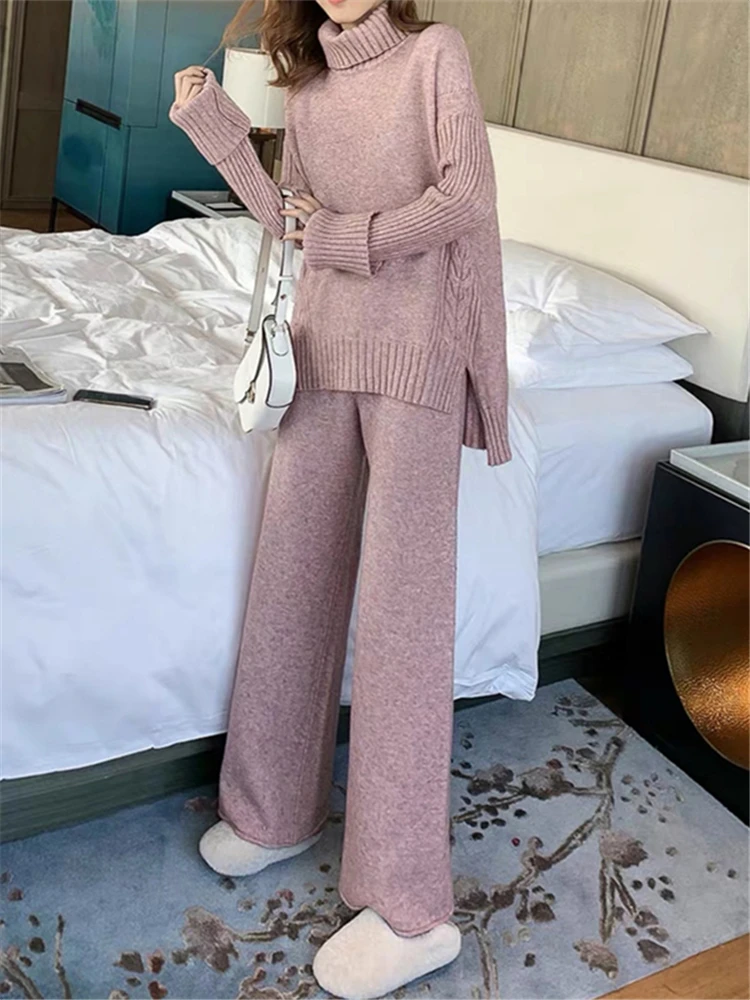 Autumn Winter 2 Pieces Women Sets Knitted Tracksuit 2023 New Turtleneck Sweater and Wide Leg Jogging Pant Pullover Suits 6