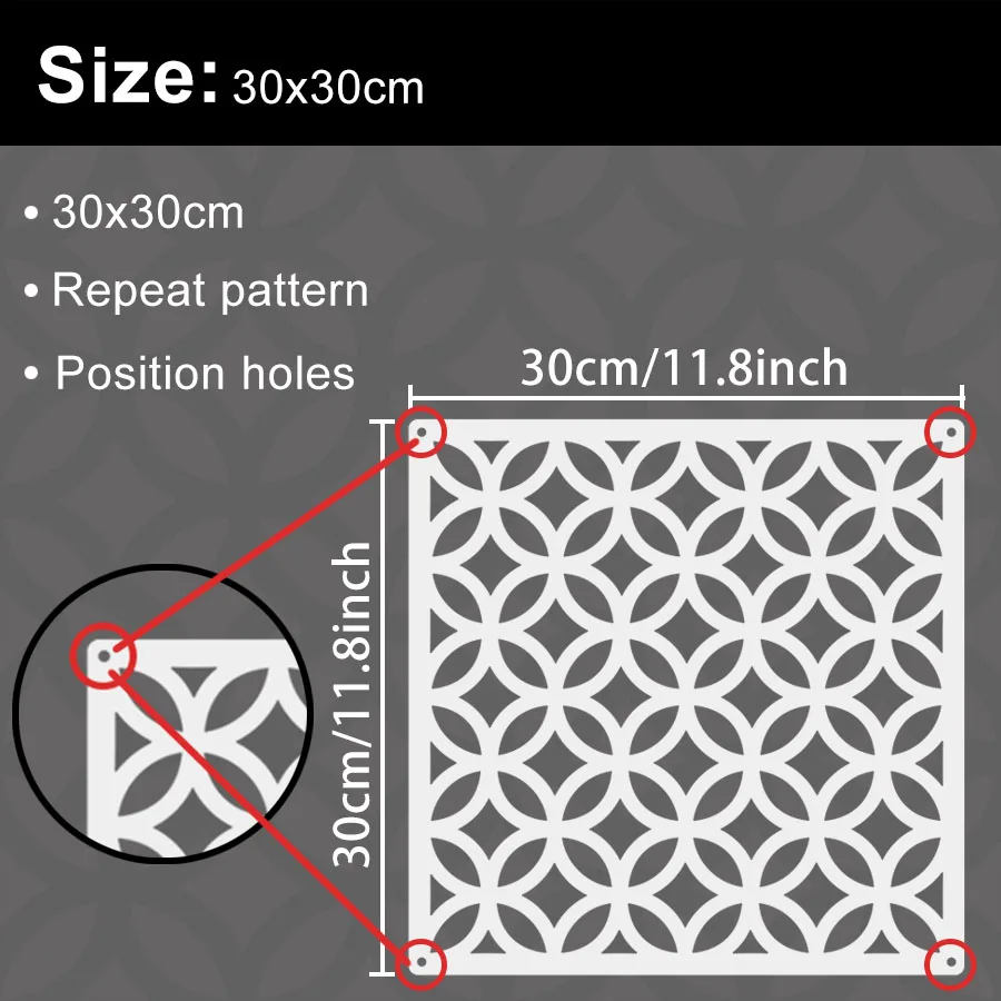 2PCS 11.8x11.8 인치 기하학적 타일 스텐실 원활한 패턴 템플릿 DIY 바닥 벽화 홈 D용 재사용 가능한 드로잉 스텐실