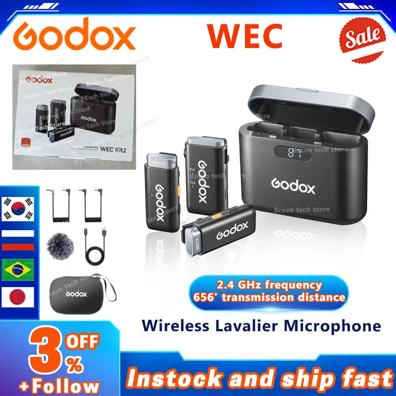 Godox WEC 무선 마이크 시스템 송신기 리시버 라이브 방송 감소 소음 마이크, DSLR 카메라 스마트폰용, 2.4GHz