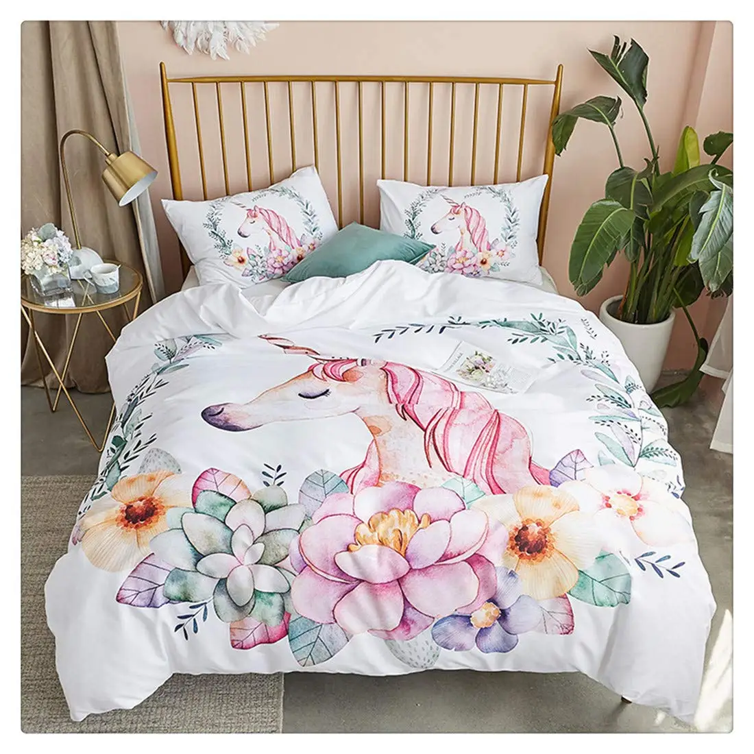 Mwswl Unicorn Bedding Set Flower Girl Duvet Cover Set 3 Pieces Cartoon
