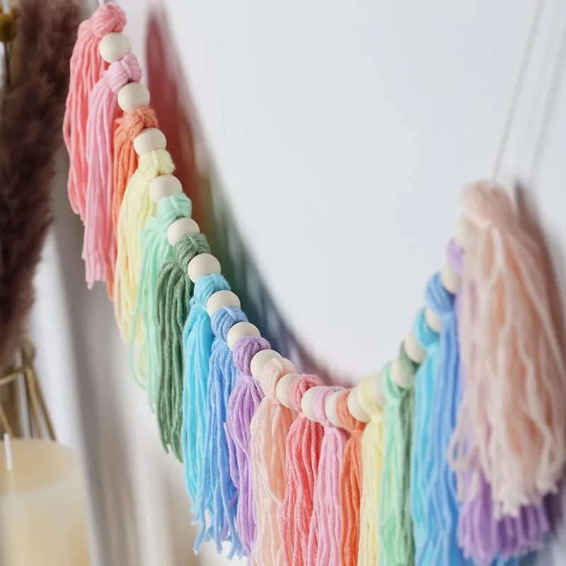 Natural Wood Beads Cotton Yarn Tassel Wall Hanging Handmade Pastel Rainbow Macrame Wall Decor Nursery Bedroom Living Room