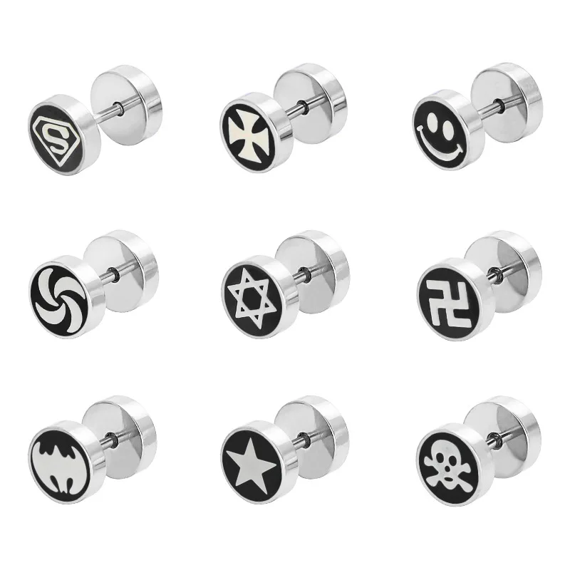 Stainless Steel Barbell Dumbbell Studs Earrings For Men Women Punk Gothic Pattern Earrings Fashion Piercing Jewelry Wholesale 3