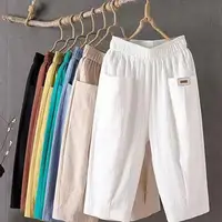 Women Summer Cropped Pants Mid-rise Elastic Waistband Wide Leg Pants Casual Solid Color Pockets Design Harem Trousers - Image 2