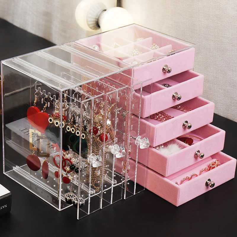 Transparent Acrylic Jewelry Storage Box Earrings Display Jewelry Box Case Drawer Necklace Ring Plastic Storage Container Gift 2 pieces transparent plastic book ends acrylic bookends l shaped bookend