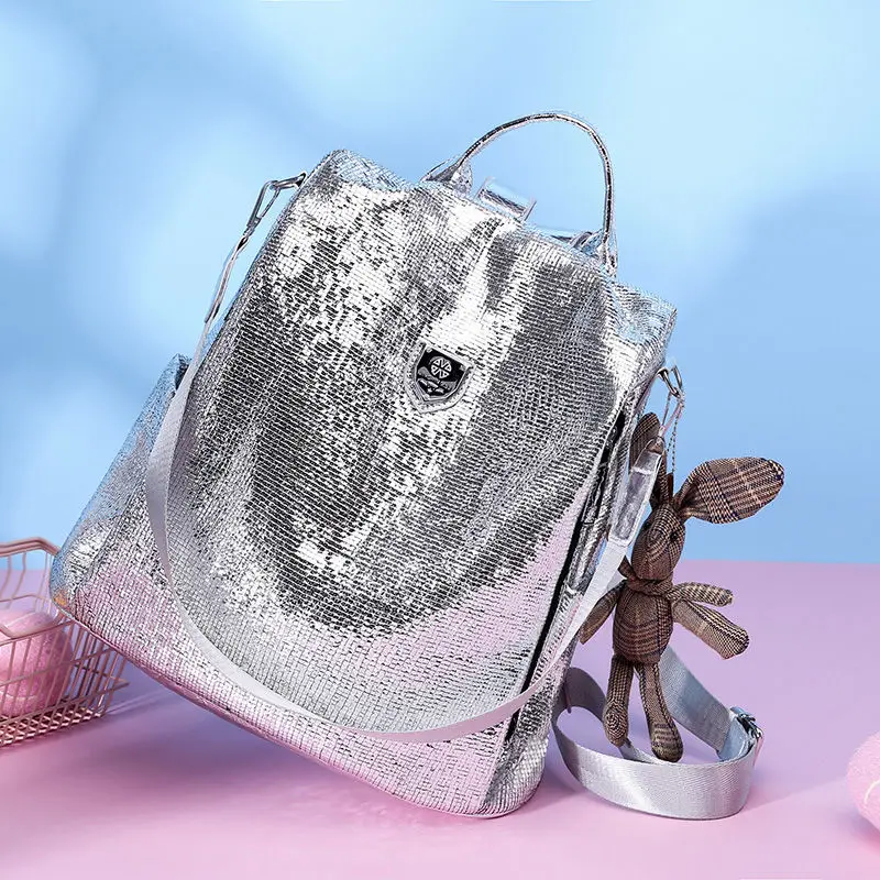 

Silver Mesh Sequin Backpack Female Luxury Brand Bags for Women 2022 New Versatile Fashion Shoulder Bag Soft Leather Backpack