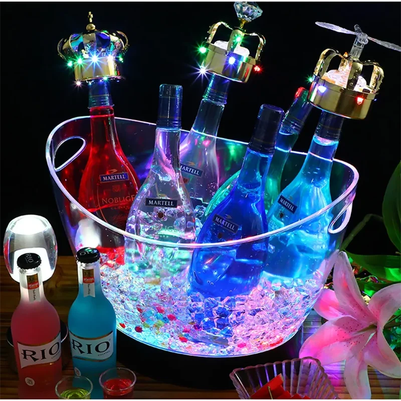 Led Rechargeable Transparent Acrylic Barrel Luminous Ice Cube Storage Buckets Wine Whisky Drink Cooler With Handle Nightclub Bar
