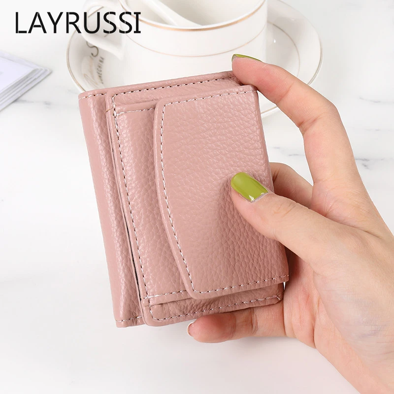 

LAYRUSSI Women Mini Card Holder PU Leather Credit Card Case Men Business Card Pouch Coin Purse Female Minimalist Trifold Wallet