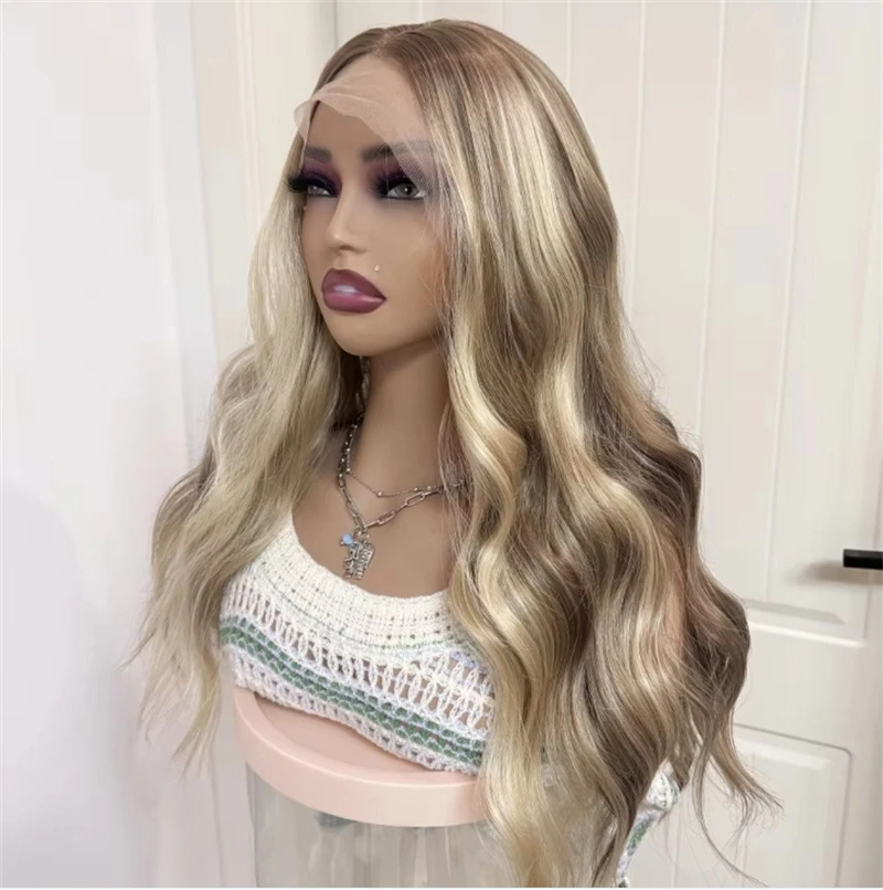 Ombre Blonde Lace Front Wig Synthetic Mixed 5% Human Hair Highlight Ash Brown Golden Blonde Wavy Pre Plucked Hairline