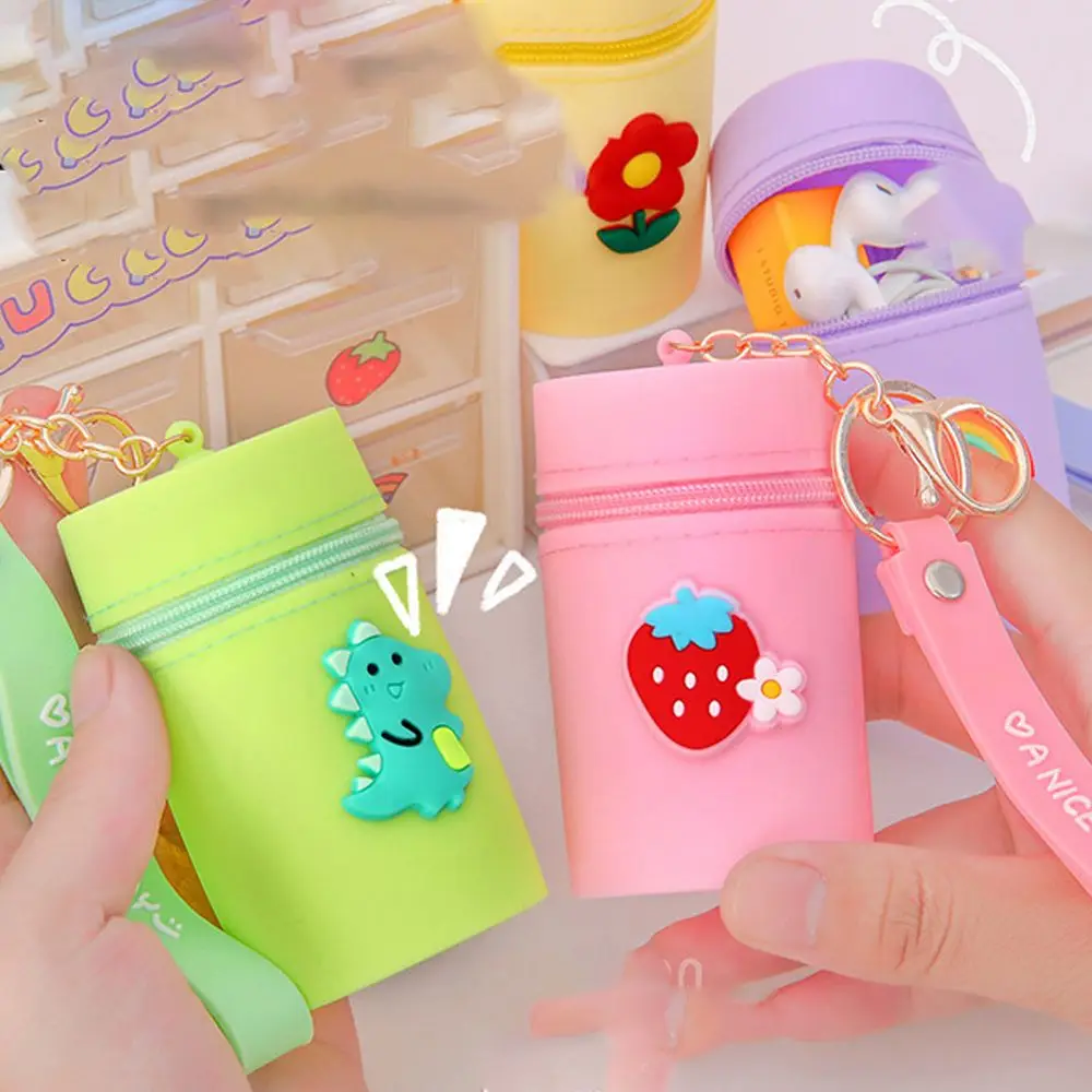 Lovely Mini Silicone Lipstick Bucket Bag with Keyring Cute Pattern Coin Purses Storage Bag Pendant Women Accessories