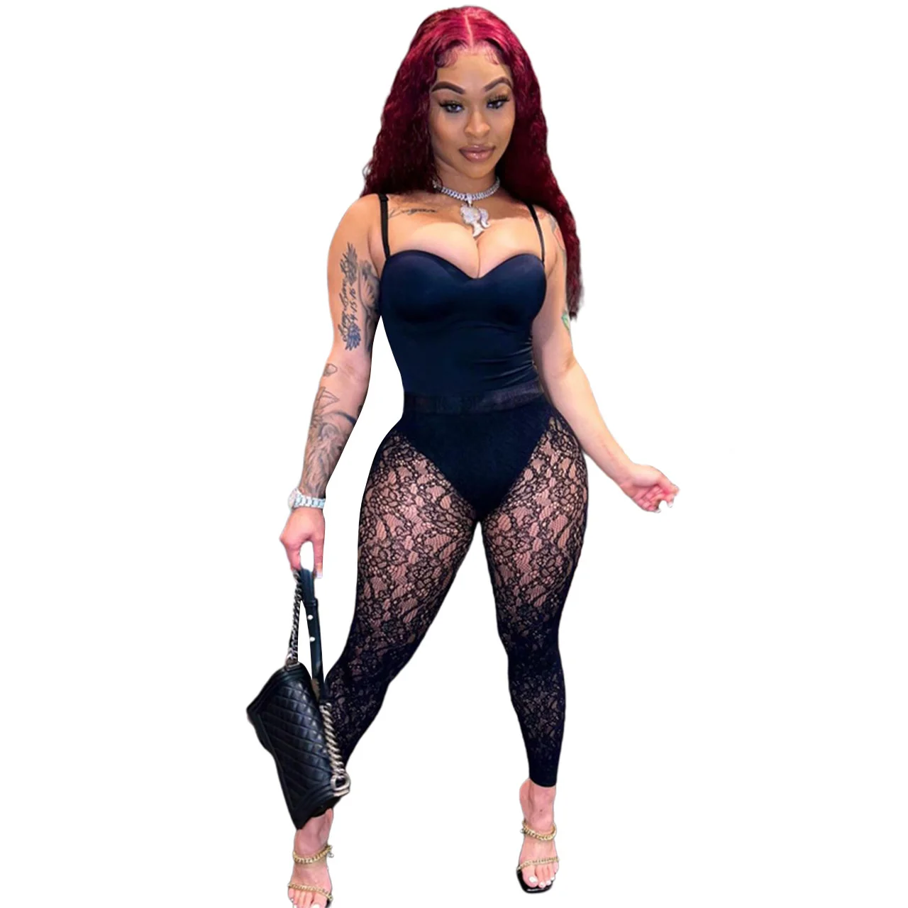 

Zoctuo Women's Jumpsuit Bra Sling Female Jumpsuit + Sexy Perspective Lace Pants Two-piece Set Bodysuit Outfit Y2k