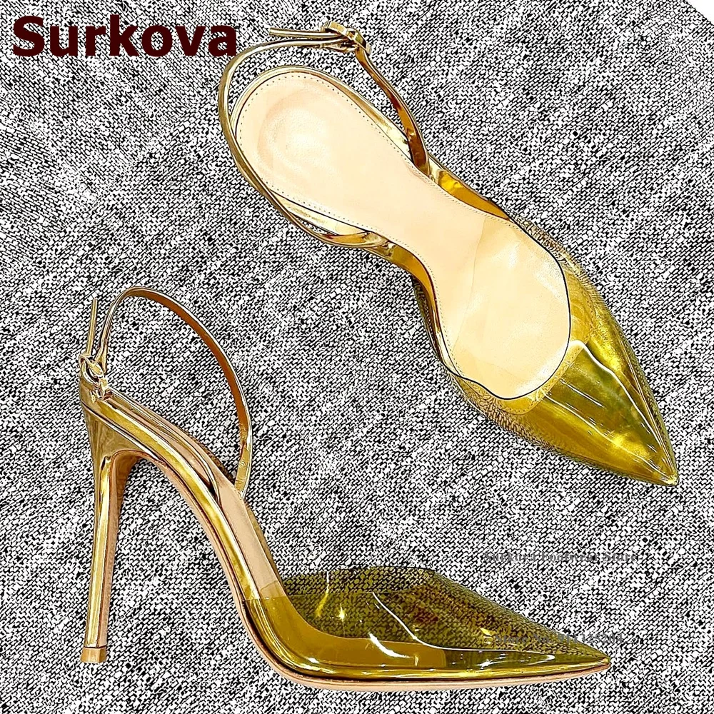 

Туфли-лодочки с острым носком Surkova, прозрачные вечерние туфли-лодочки из ПВХ на тонком высоком каблуке, с ремешком на пятке и пряжкой, размеры 46