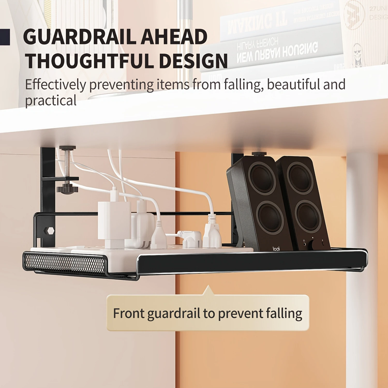 Under-Desk Cable Management Tray-No-Drill Iron Wire Organizer For Office Desks, Rectangular Shelf With Painted Finish