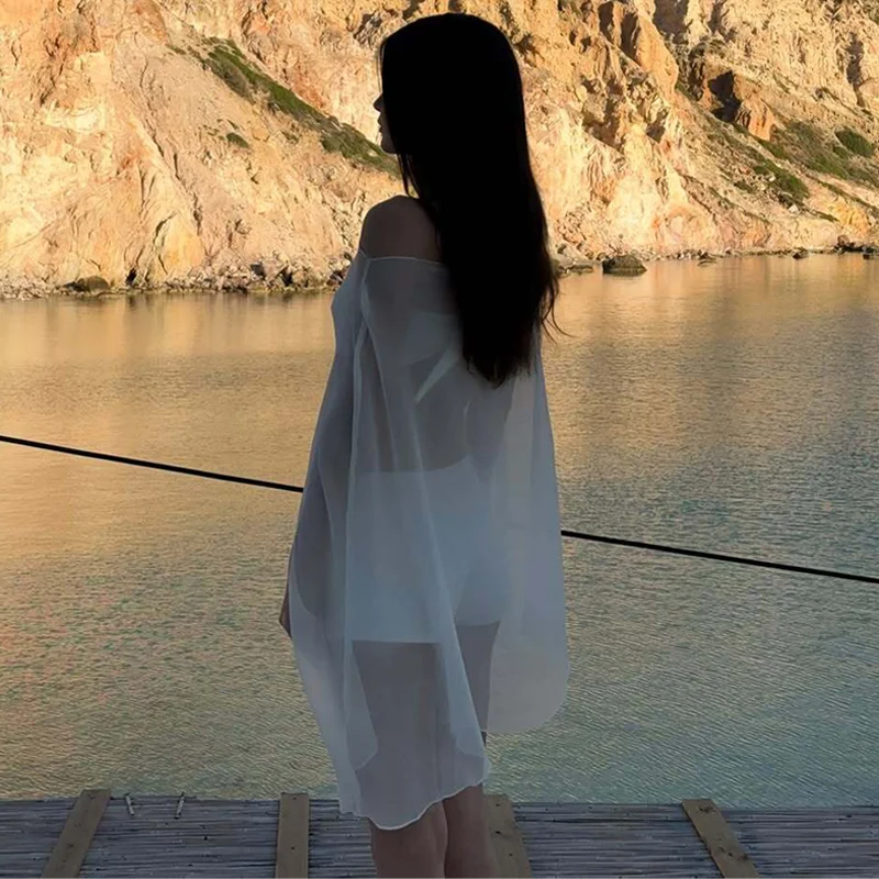 Hugcitar Chiffon Langarm-Oberteil mit Schlitz, Einfarbig, Sexy, Durchsichtig, Übergroßes Langes Smock-Top, Frühjahrsmode 2026, Strand-Outfit für den Urlaub – Detail 14