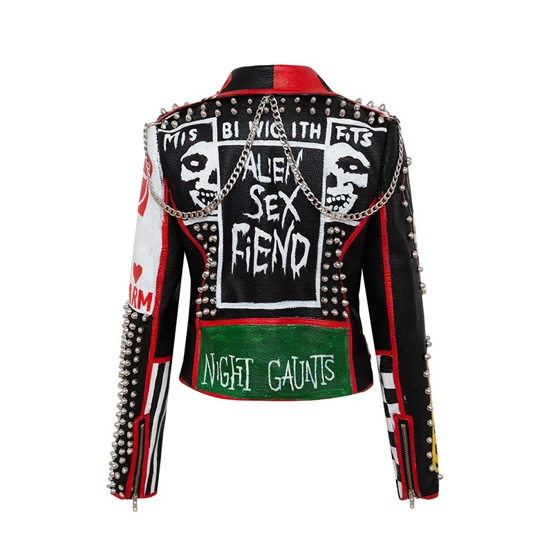 Rock Punk Motorcycle Leather Jacket Women 2024 Trend Metal Rivets Streetwear Graffiti  Print Faux Leather Cropped Jacket S-XXXL