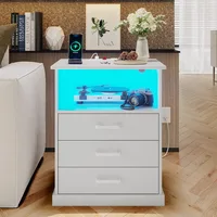 Nightstand with Charging Station and LED Lights, Large Bedside Table with 3 Storage Drawer, White Night Stand for Bedroom 1