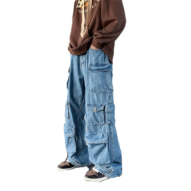 

Vintage Men's Street Blue Jeans Straight Pants Loose Pockets Washed
