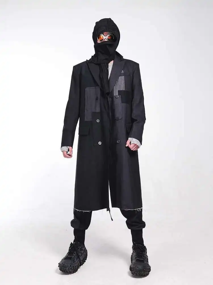 HKSH Autumn Winter Men's Punk Dark Stylish Stitching Asymmetric Contrast Color Patchwork Wool Windbreaker Deconstruction HK3355