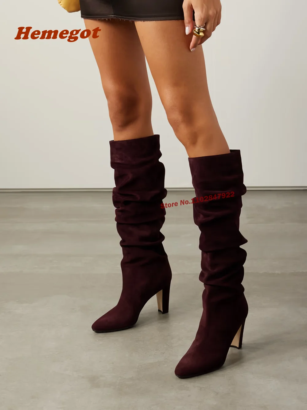 

Suede Knee Boots Pleated Chunky Heels Round Toe Solid Slip On Women's Boots Casual Newest Winter Warm Shoes Plus Size 46 Sexy