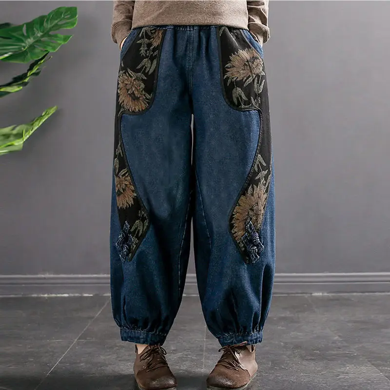 2023 Spring and Autumn Vintage Literature and Art Ethnic Style Patchwork Printed High Waist Pocket Loose Versatile Radish Jeans