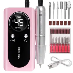 High-Speed Rechargeable Nail Drill with LCD Display and Low Noise - Professional Nail Care and Accessory Kit (Pink)