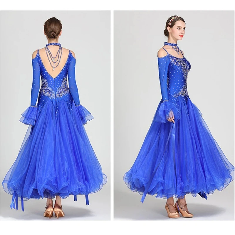 Blue Off Shoulder Ribbon Ballroom Dance Dresses Fringe Ballroom Dance Competition Dress Waltz Foxtrot Dress Rumba Costumes