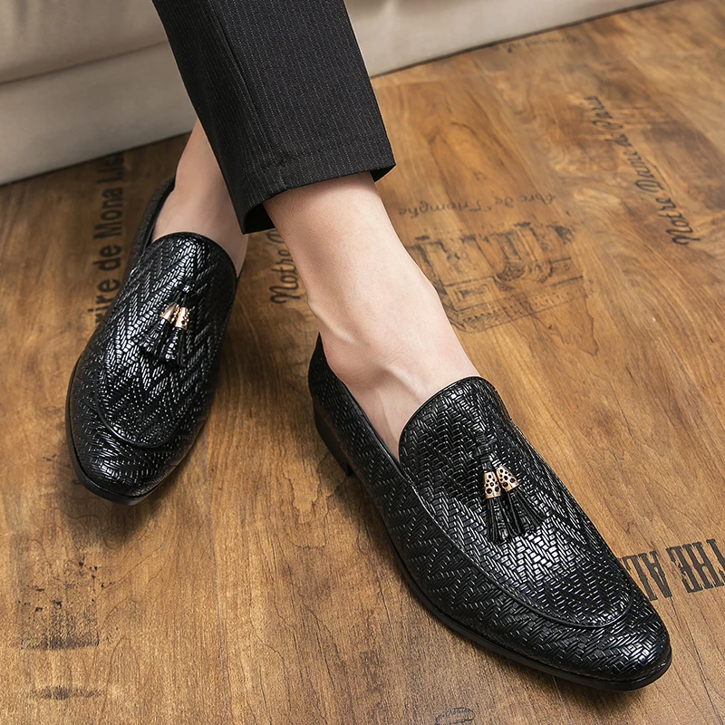 Tassel Plaid Men Loafers Weaving Comfortable Soft Leisure Leather Shoes Size 38-45