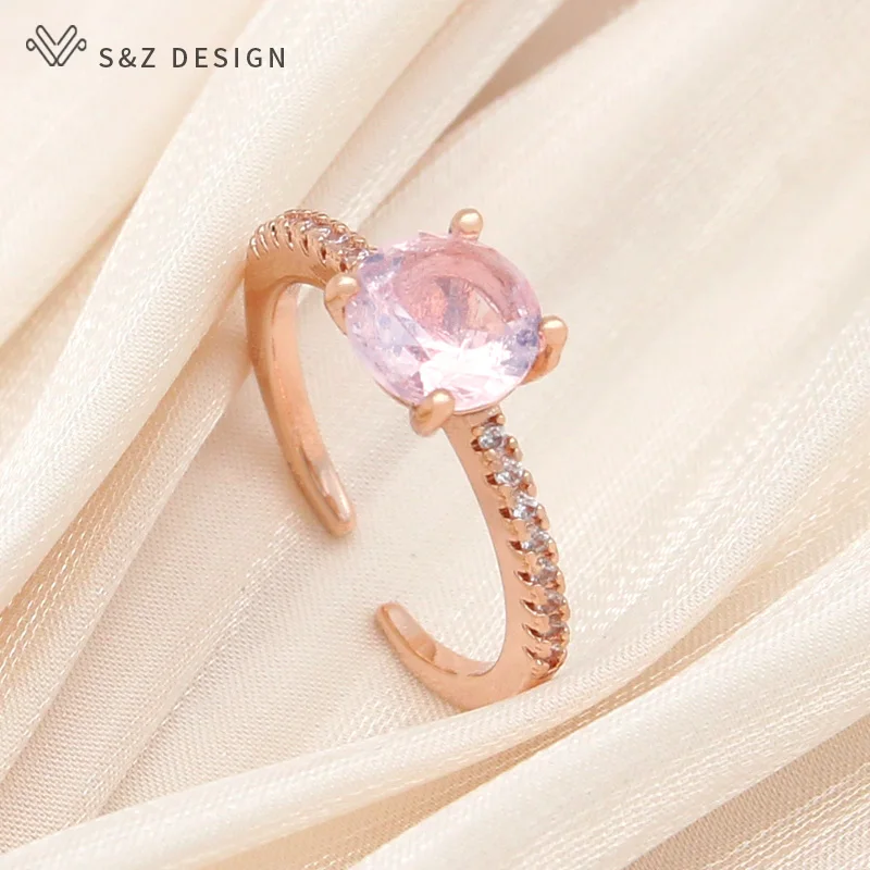 S&Z DESIGN New Fashion 585 Rose Gold Color Round Crystal Rings For Women Wedding Cubic Zirconia Resizable Jewelry Gift