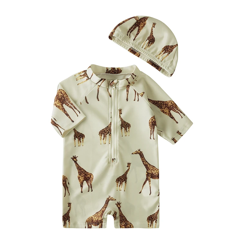 Kids Quick-Drying Swimsuit with Swim Caps Baby Boy Short Sleeve Sunscreen Print One-Piece Bathing Suit Beachwear UPF50+