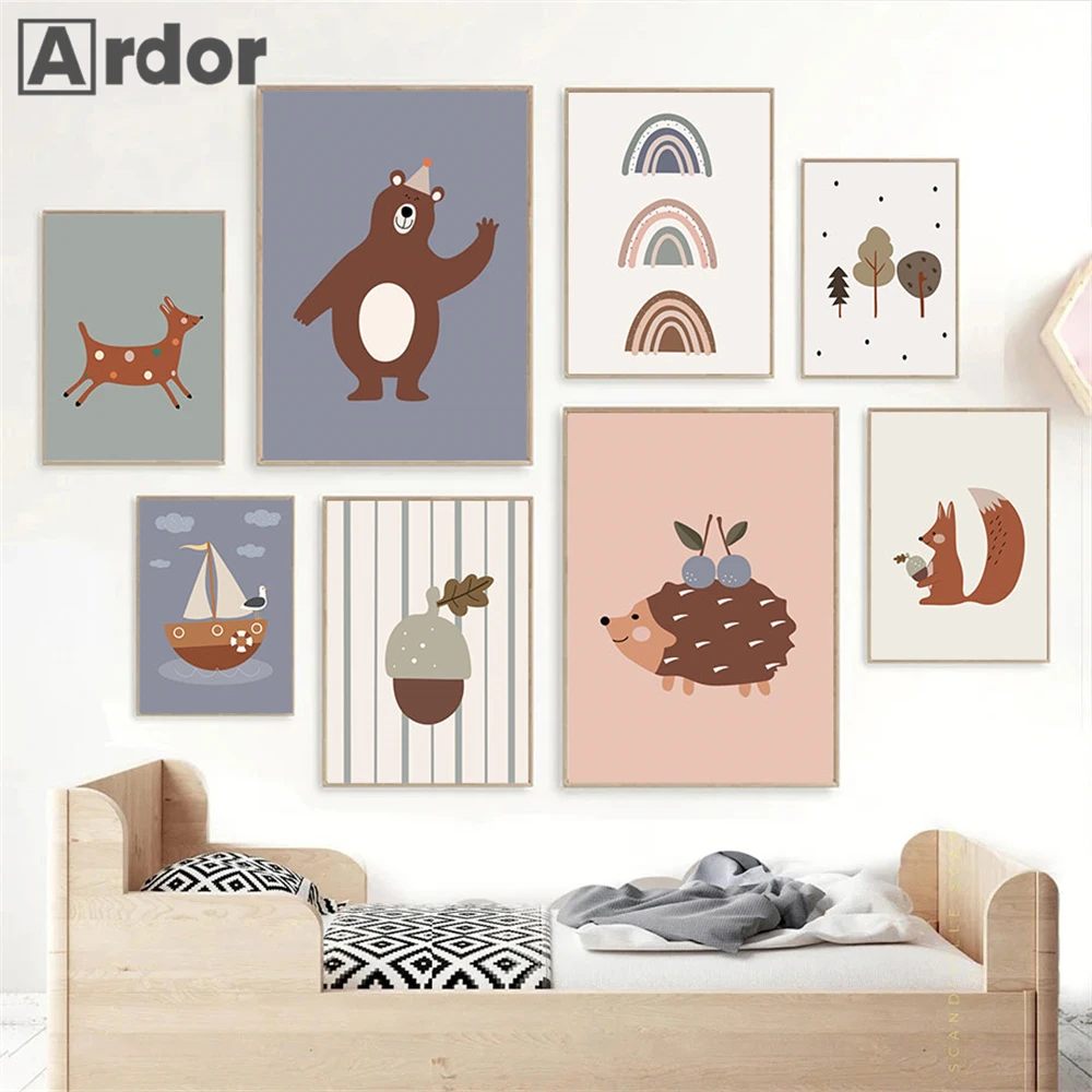 Bear Hedgehog Squirrel Woodland Animals Poster Canvas Painting Rainbow Print Pine Wall Art Nursery Wa Pictures Kids Room Decor poster canvas paintings adventure awaits arrow black white print motivational quote nursery art wall pictures kids room decor