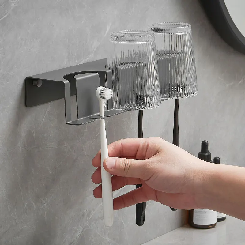 Bathroom Toothbrush Holder Cup Holder Bathroom Storage Shelf Stainless Steel Wall Mounted Toothbrush Cup Gray/Black