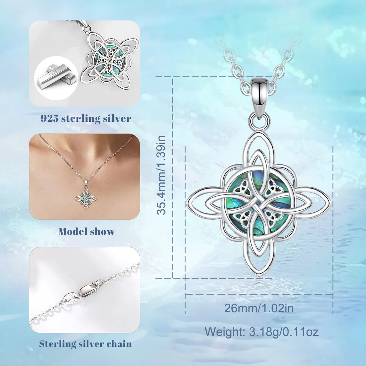 925 Sterling Silver Witch Knot Necklace pendant necklace silver necklace silver pendant silver necklace charms for Men Women Natural Abalone Shell Witchcraft Amulet Pendant Wicca Jewelry Gift