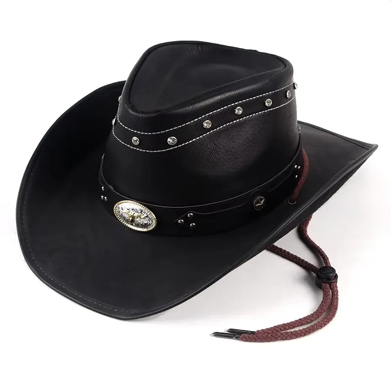 Classic Western Men's Cowboy Hat Women Cowgirl Cap Faux Leather Black ...