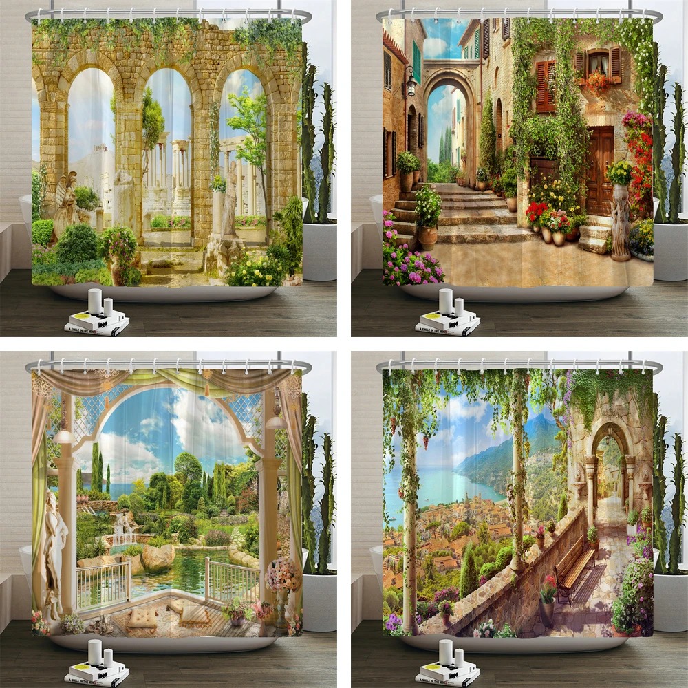 

3D Arch Garden Landscape Shower Curtain Ancient Architecture Print Home Decor Polyester Waterproof Fabric Bathroom Curtain