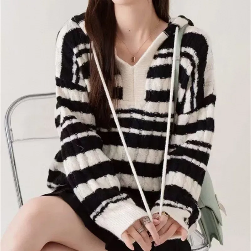 

Hsa 2023 New Cute Women's Contrast Color Striped Hooded Sweater Fashion Loose Retro Soft Glutinous Lazy Style Long Sleeve Tops