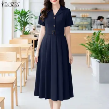 ZANZEA 2026 Summer Sundress Women Elegant Solid OL Work Dress Lapel Neck Short Sleeve Pleated Vestidos Stylish A Line Dresses 1