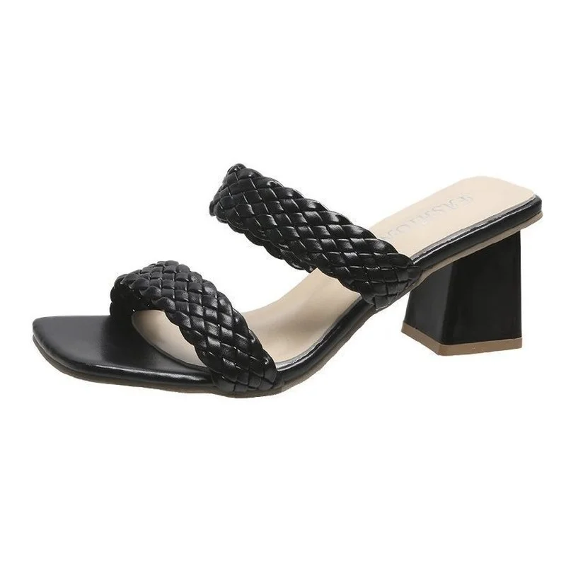 Europe 2022 Summer New One-word Woven Belt High Heels Slippers for Women Large Size Thick Heel Sandals Women Mules Slippers