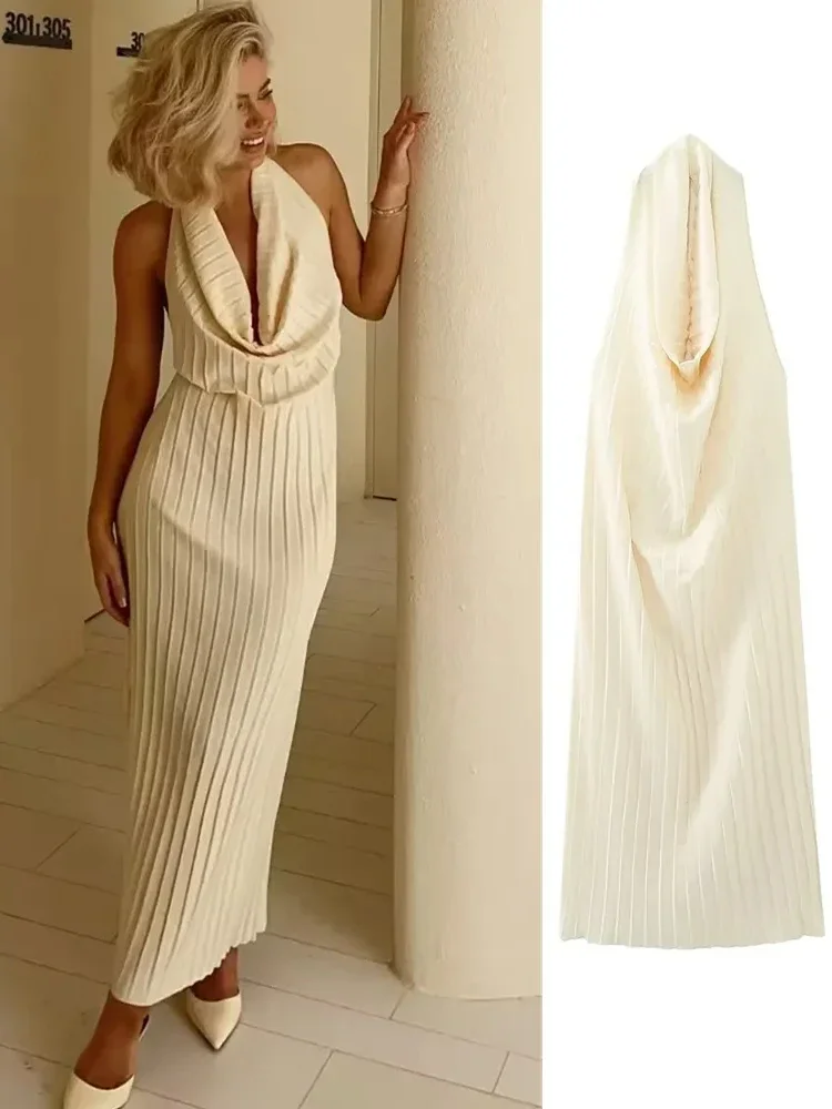 

2023 Summer New Women's Fashion European and American Style Sexy Temperament Small Pleated Open Back Hanging Neck Dress