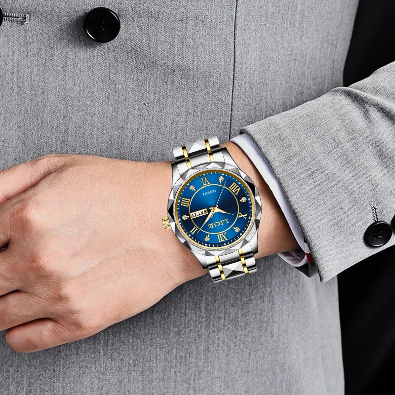LIGE Top Brand Luxury Man Watch Business Fashion Classic Stainless Steel Quartz Watch for Men Waterproof Luminous Calendar Clcok