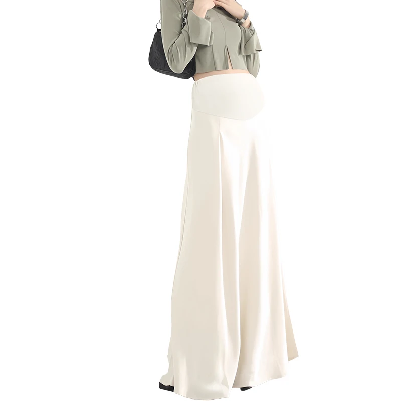 Satin A-Line Maternity Maxi Skirt-Stretchy Belly Panel, Flowy Spring Long Skirt with Adjustable Waist Pregnant Woman Skirts
