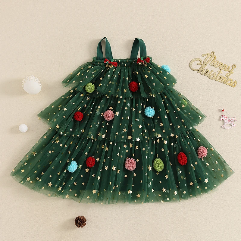 Weihnachtskleid für kleine Mädchen, Sternenmuster, quadratischer Ausschnitt, ärmellos, mehrlagiges Tüllkleid mit Plüschball, Weihnachtsmütze – Detail 3