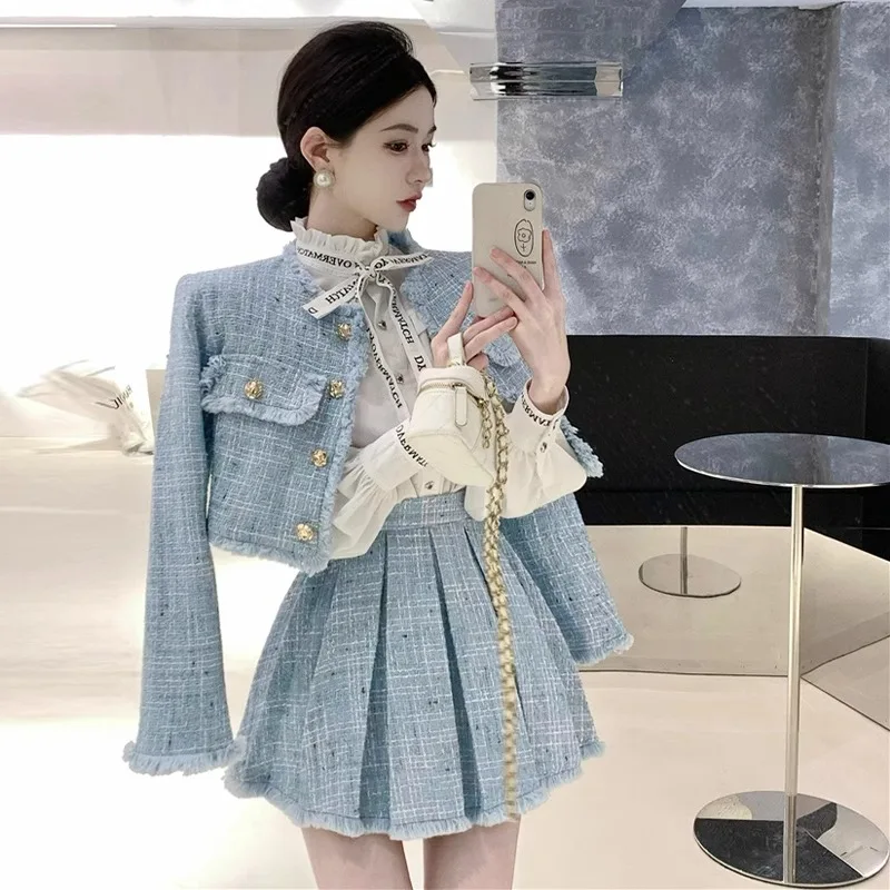 

Korean Temperament Tassel Coat Pleated Skirt Two-piece Set Women O-neck Single Breasted Coarse Tweed Celebrity Slim Spring Suit