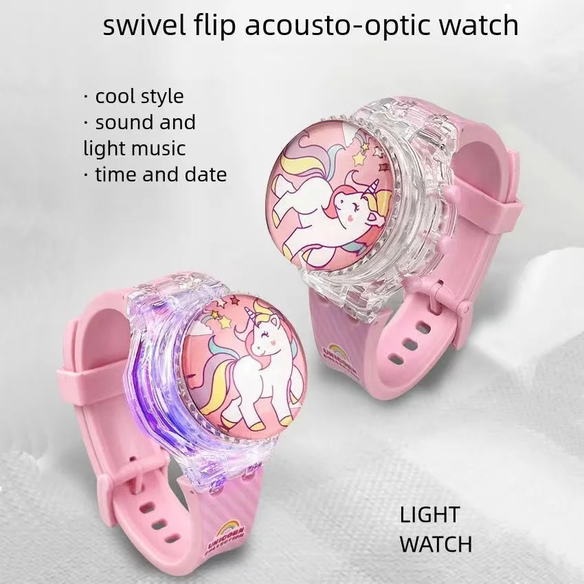 Unicorn Rotating Music Light Electronic Watch Children's Flip up Watch 5